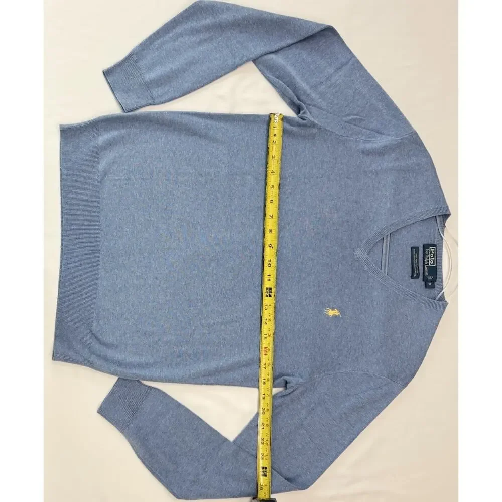 Polo Ralph Lauren Pima Cotton V Neck Sweater Blue Mens Small Yellow Pony